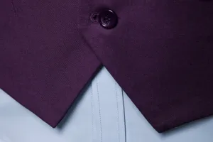 Close-up view of men's purple suit vest lapel and button detail, fine fabric texture.