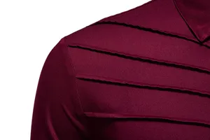 Detail view of men's pleated long sleeve shirt in wine red, stylish casual top for autumn.