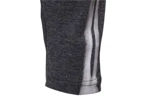 Close-up detail of dark grey stretch fabric with stripe pattern, neat stitching work.