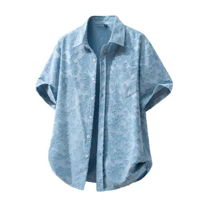Camicia da spiaggia vintage testurizzata a maniche corte azzurro da uomo estiva.