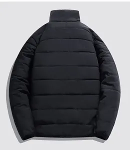 Back view of solid black stand collar winter padded jacket, featuring horizontal quilting.