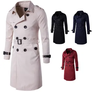 Men long slim fit double breasted trench coat classic lapel windbreaker with belt