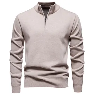 Men's Casual Slim Fit Cotton Knit Sweater Stand Collar Half Zipper Solid Color Long Sleeve Ribbed Pullover Top