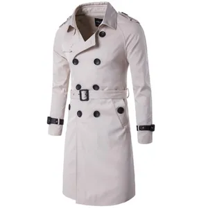 Classic men's double-breasted beige long trench coat featuring a belt and stylish lapel.