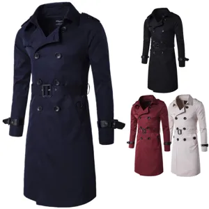 Men's long slim fit double-breasted trench coat with belt classic autumn outerwear.