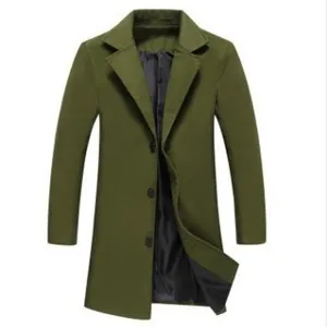 Men's olive green wool blend long coat slim fit lapel single-breasted trench jacket.