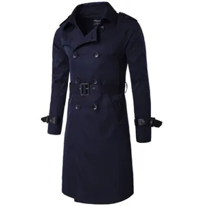 Classic men's long double breasted trench coat in dark blue, slim fit stylish outerwear.