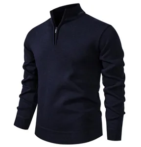 Close up view of the dark blue mens quarter zip mock neck knit sweater details.