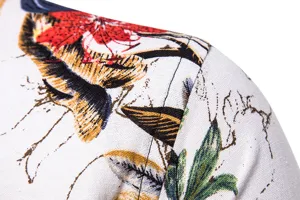 Men's casual linen floral long sleeve shirt fabric detail view, ethnic style fashion.