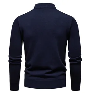 Back view detail of mens solid color knitwear, casual stand collar half zip slim sweater top.