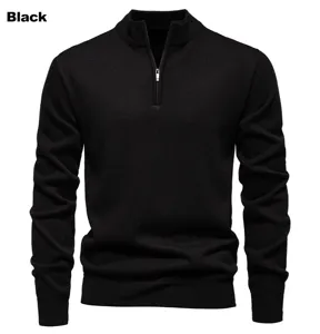 Men's black quarter-zip mock neck knit sweater, slim fit long sleeve pullover casual top.