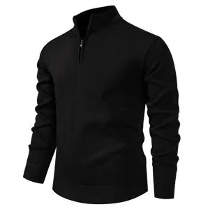 Men's solid color half-zip mock neck knitted sweater slim fit long sleeve casual top