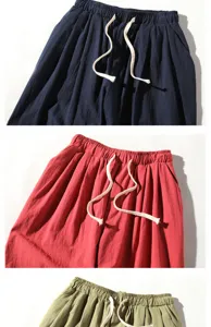Men's casual cotton linen harem pants with drawstring elastic waist, comfortable summer cropped trousers.