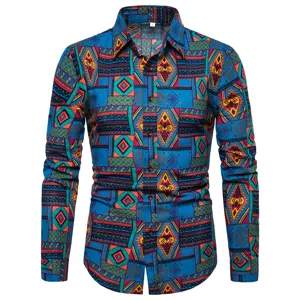 Men's Ethnic Print Long Sleeve Casual Shirt Slim Fit Fashion Designer Button Top