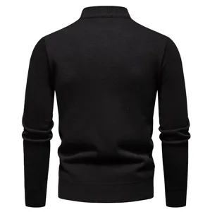 Back view detail of men's solid black slim-fit mock neck half zipper knit sweater top.