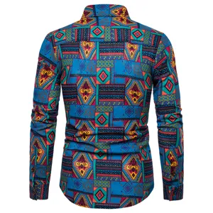 Detailed view of men's long sleeve ethnic geometric print shirt back design fabric texture