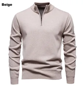 Men's solid color quarter-zip mock neck slim fit knit sweater top in beige color.
