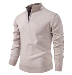 Details of men's half-zip mock neck knit sweater, showing soft texture and premium collar.