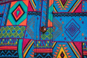 Men's casual long sleeve linen shirt featuring a vibrant ethnic geometric printed pattern design.