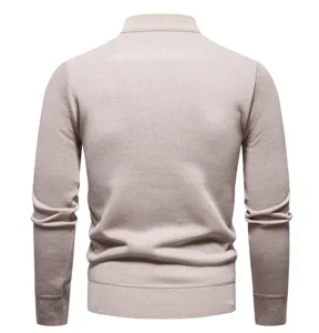 Back view detail of men's casual solid color knit sweater with ribbed hem and stand collar.