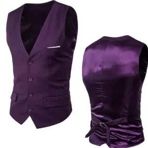 Men's purple slim fit suit vest casual business waistcoat with buttons and back strap.