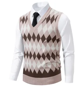 Men's V-neck argyle knit sweater vest, classic pattern detail, cozy autumn winter apparel.