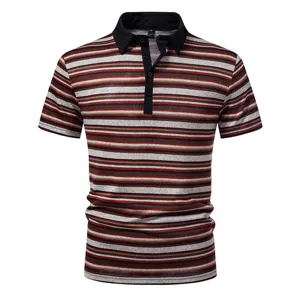 Men's striped short sleeve polo shirt, casual summer top with contrast lapel collar.