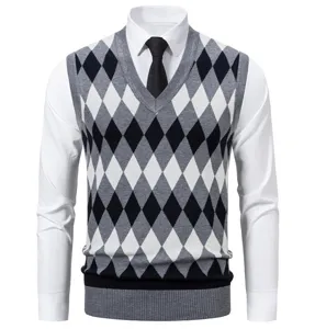 Classic men's argyle V-neck knit sweater vest, perfect for layering over crisp business shirts.
