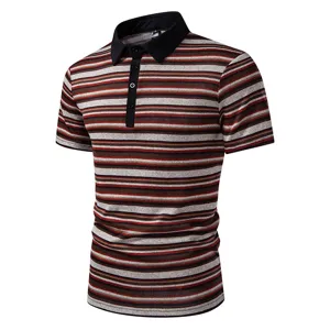 Men's short-sleeve striped polo shirt detail showcasing the classic multi-color pattern.