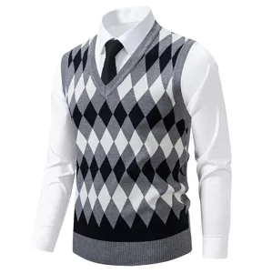 Men classic argyle sweater vest detailed view, V-neck knitwear layered with white shirt.