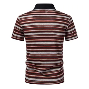 Detailed back view of men's short sleeve striped polo shirt with black collar for summer.