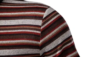 Men's casual striped knit polo shirt detail, stylish multi-color horizontal stripes fabric.