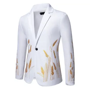 Primo piano dettagliato del blazer da uomo bianco con elegante motivo a grano dorato.