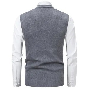 Men's grey knit sweater vest back view detail, classic casual layering piece for autumn.