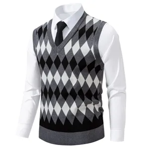 Men's V-neck argyle sweater vest layered with white shirt, classic casual knitwear.
