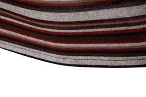 Close-up detail of multi-color striped knit fabric and hem stitching on men's top.