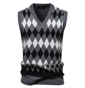 Men's V-neck argyle knit sweater vest autumn winter casual sleeveless pullover top