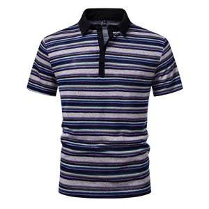Detailed view of men short sleeve striped polo shirt featuring contrast black collar and buttons.