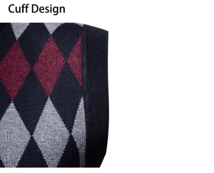 Close-up detail view of men's knit vest cuff with classic argyle diamond pattern design.
