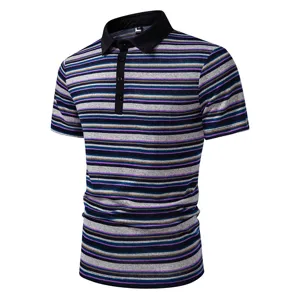 Men summer short sleeve polo shirt casual striped turn down collar top for daily wear