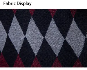 Men knit sweater vest fabric detail, classic argyle pattern texture close up view.