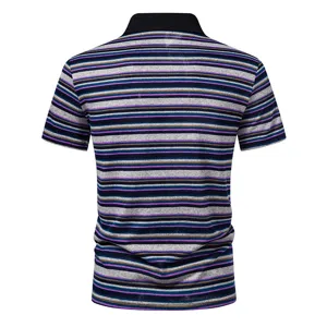 Men summer casual striped lapel short sleeve polo shirt breathable knit top detail back view
