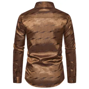 Camisa casual jacquard manga larga hombre slim fit bronce metalico moda parte superior