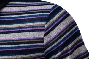 Men's striped polo shirt detail view showing multi-color knit texture and shoulder fit.
