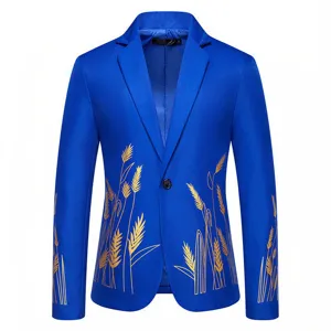 Giacca blazer da uomo con stampa grano oro blu dettaglio, elegante vestito casual.