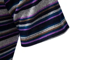 Men's striped short sleeve T-shirt detail view, soft knitted fabric and neat stitching.