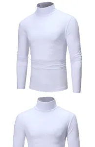 Men's slim fit solid color turtleneck long sleeve t-shirt casual base layer white top