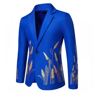 Giacca Blazer Uomo Blu Reale Stampa Grano Oro Un Bottone Casual Elegante Moda