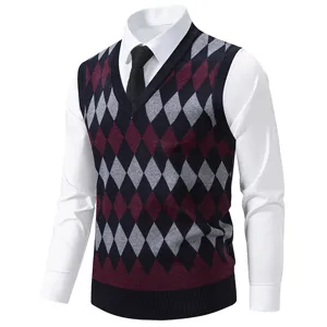 Men Fashion Argyle Knit Vest Fleece Lined V-Neck Sleeveless Sweater Autumn Winter Casual Knitted Pullover Waistcoat Top