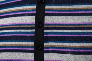 Close-up detail of men's multi-color striped knitted shirt showing fine texture and buttons.